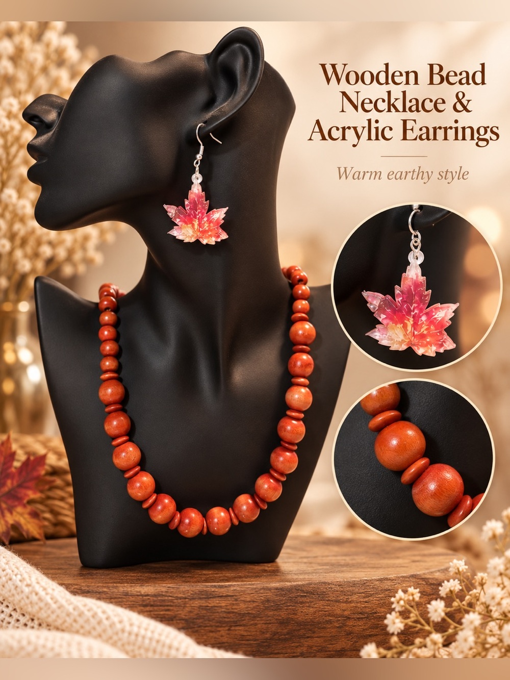 Wooden Bead Necklace with Pink-Orange Acrylic Maple Leaf Earrings NEW IN BOX
